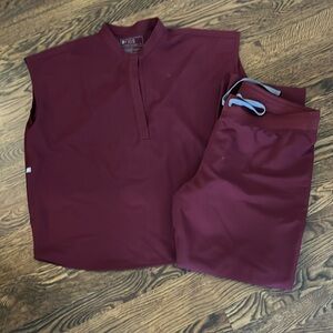 XL Rafaela burgundy/maroon figs scrub top and XL Livingston scrub pants